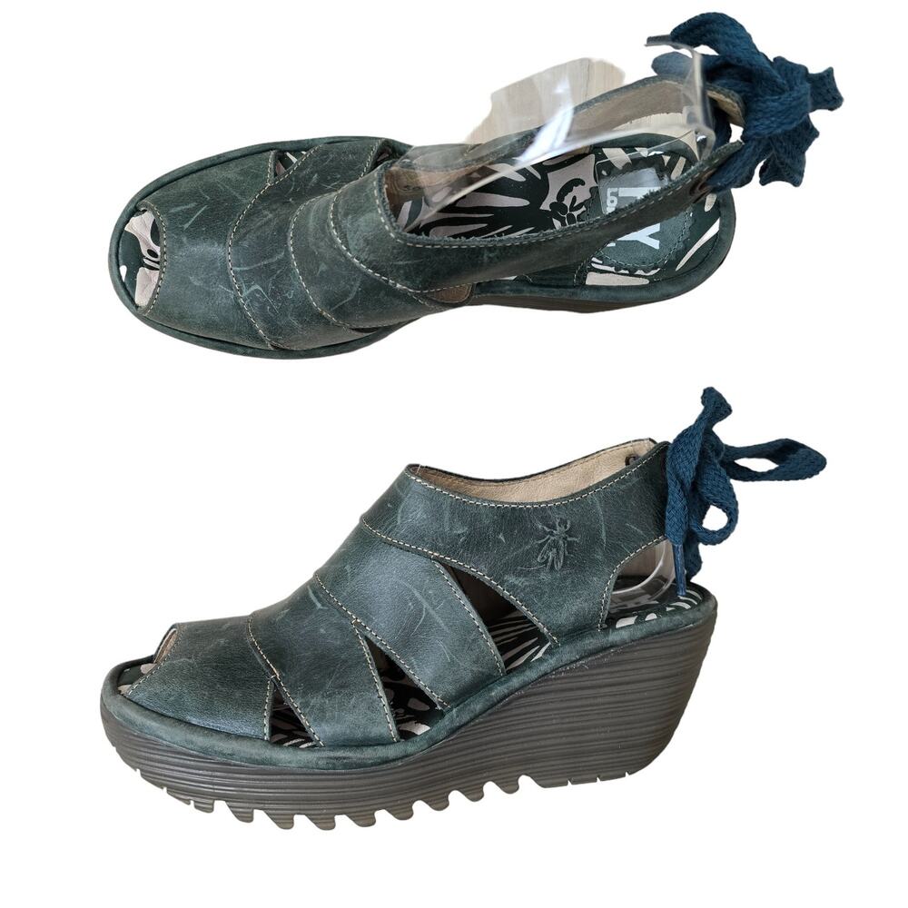 Fly London Womens Yown Wedge Sandals EU 38 Blue Aqua Leather Peep Toe Lace Up